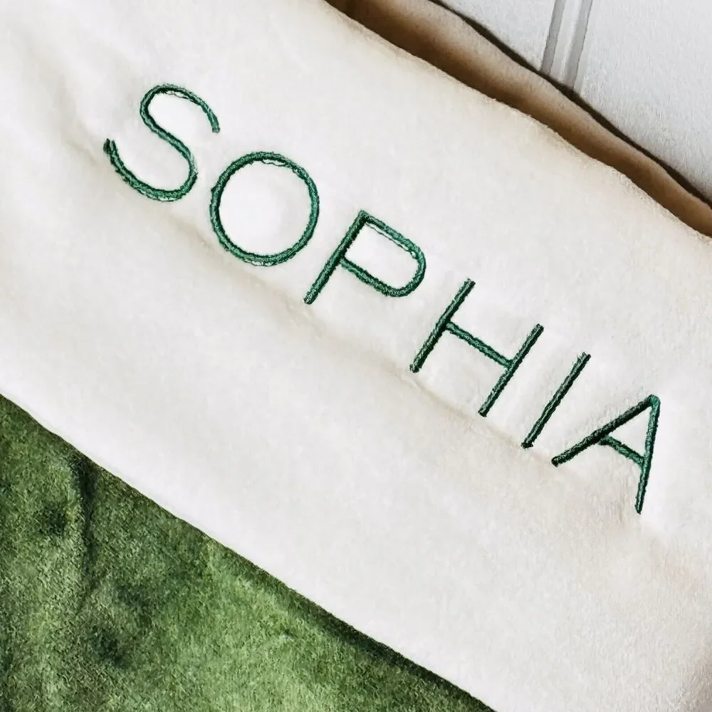 West Elm SOPHIA Oversized Christmas Stocking Green White Velvet Mono NWOT